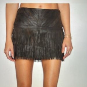 Parker black leather mini fringe leather skirt.
